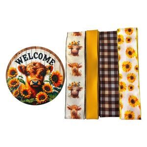 Highland Cow Sunflower Wood Summer Sign & Ribbon Bundle, DIY Wreath Supply Kit